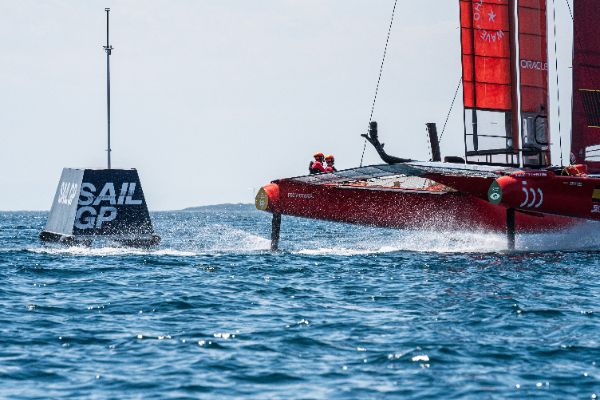 Taranto, Italy JUNE 06 2021: Fleet race in the "Mar Grande di Taranto" at the SailGP World Sailing Championship, Italy Sail Grand Prix