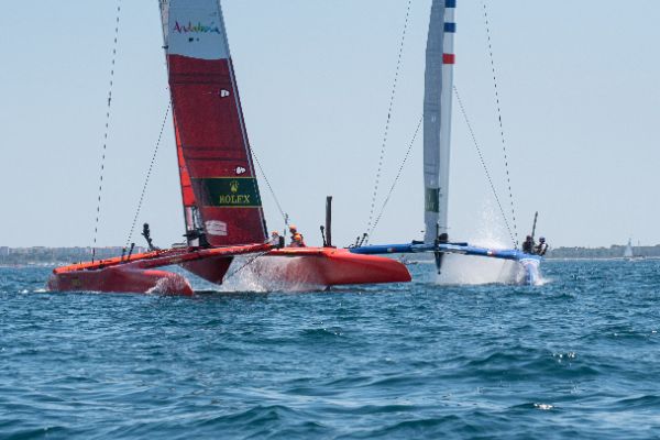 Taranto, Italy JUNE 06 2021: Fleet race in the "Mar Grande di Taranto" at the SailGP World Sailing Championship, Italy Sail Grand Prix