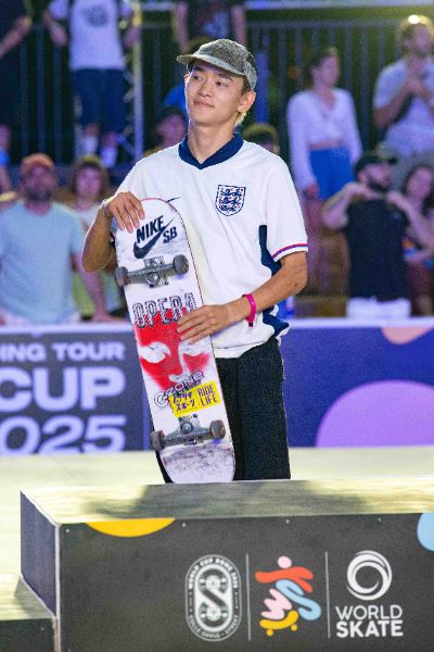 Sora SHIRAI (JPN), skater, at the medal ceremony for the Final Stage of the Skateboarding World Cup 2025