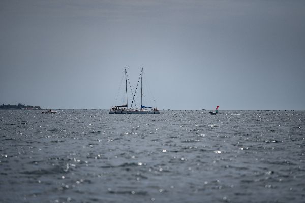 Taranto, Italy JUNE 06 2021: Fleet race in the "Mar Grande di Taranto" at the SailGP World Sailing Championship, Italy Sail Grand Prix