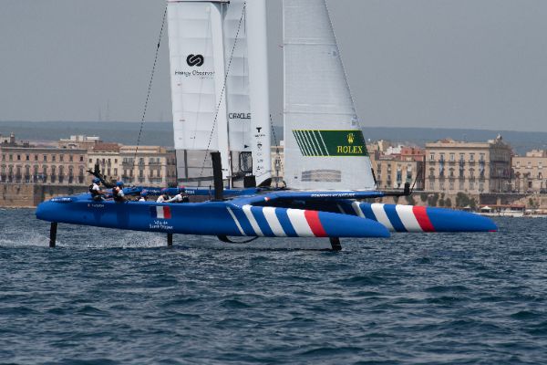 Taranto, Italy JUNE 06 2021: Fleet race in the "Mar Grande di Taranto" at the SailGP World Sailing Championship, Italy Sail Grand Prix