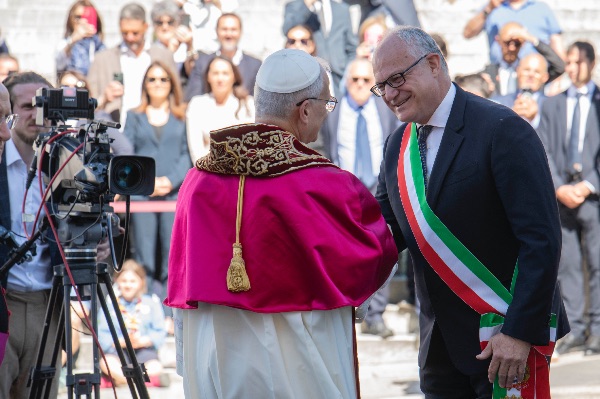 Rome, Italy MAY 25 2025: Pope Leo XIV, Robert Francis Prevost meets the Mayor of Rome Roberto Gualtieri to bless him and the city at the base of the stairs to the Campidoglio City Hall.