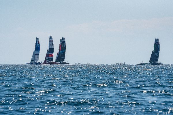 Taranto, Italy JUNE 06 2021: Fleet race in the "Mar Grande di Taranto" at the SailGP World Sailing Championship, Italy Sail Grand Prix