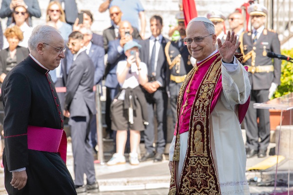 Rome, Italy MAY 25 2025: Pope Leo XIV, Robert Francis Prevost at the meeting with the Mayor of Rome at the base of the stairs to the Campidoglio City Hall.