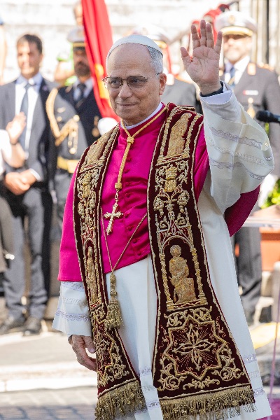 Rome, Italy MAY 25 2025: Pope Leo XIV, Robert Francis Prevost at the meeting with the Mayor of Rome at the base of the stairs to the Campidoglio City Hall.