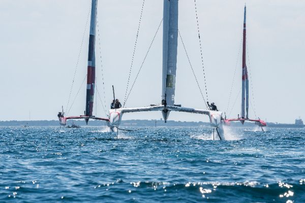 Taranto, Italy JUNE 06 2021: Fleet race in the "Mar Grande di Taranto" at the SailGP World Sailing Championship, Italy Sail Grand Prix