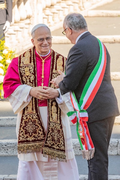Rome, Italy MAY 25 2025: Pope Leo XIV, Robert Francis Prevost meets the Mayor of Rome Roberto Gualtieri to bless him and the city at the base of the stairs to the Campidoglio City Hall.