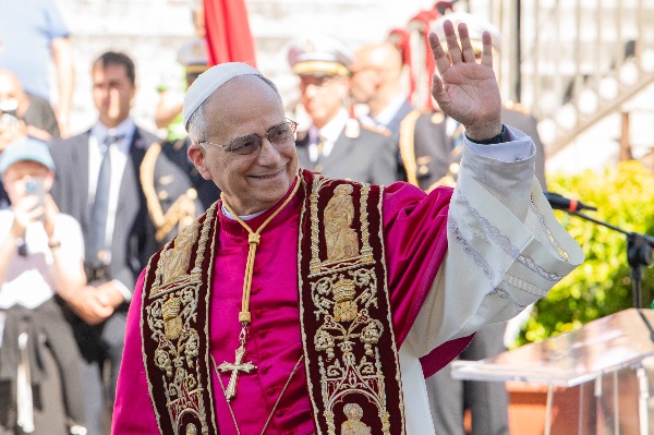 Rome, Italy MAY 25 2025: Pope Leo XIV, Robert Francis Prevost at the meeting with the Mayor of Rome at the base of the stairs to the Campidoglio City Hall.