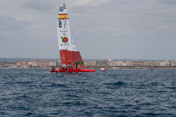 Taranto, Italy JUNE 06 2021: Fleet race in the "Mar Grande di Taranto" at the SailGP World Sailing Championship, Italy Sail Grand Prix