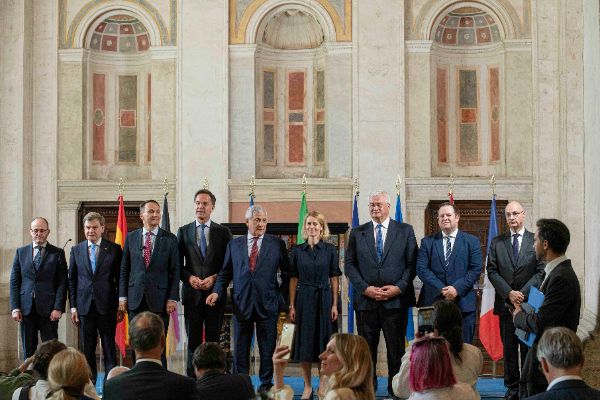Radosław Sikorski, Foreign Affairs Minister of Poland; Johann Wadephul, Foreign Affairs Minister of Germany; Mark Rutte, Secretary general of NATO; Antonio Tajani, Foreign Affairs Minister of Italy; Kaja Kallas, Vice-President of the European Commission; Andrij Sybiha, Foreign Affairs Minister of Ukraine; Stephen Doughty, Minister of State of the United Kingdom for Europe and North America; Frederic Mondoloni, French Foreign Ministry's Director General of Political and Security Affairs at the “Weimar Plus" Ministerial meeting hosted by the Italian Government at Villa Madama.