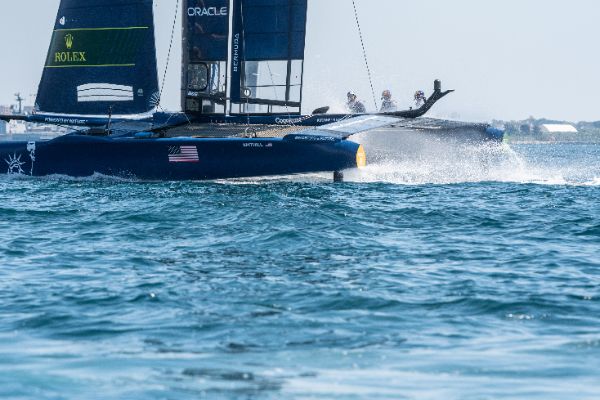 Taranto, Italy JUNE 06 2021: Fleet race in the "Mar Grande di Taranto" at the SailGP World Sailing Championship, Italy Sail Grand Prix