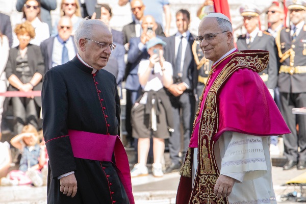 Rome, Italy MAY 25 2025: Pope Leo XIV, Robert Francis Prevost at the meeting with the Mayor of Rome at the base of the stairs to the Campidoglio City Hall.