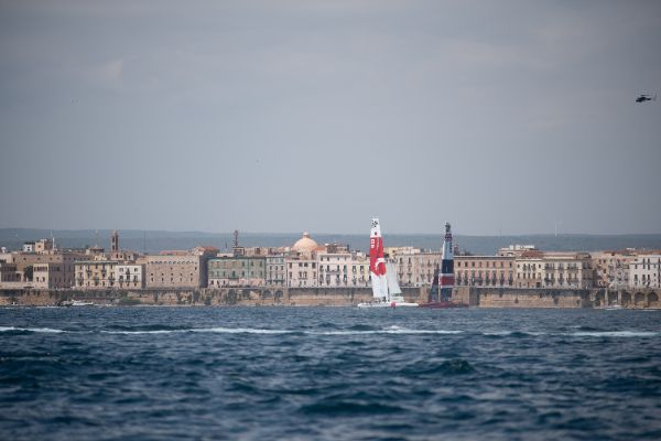 Taranto, Italy JUNE 06 2021: Fleet race in the "Mar Grande di Taranto" at the SailGP World Sailing Championship, Italy Sail Grand Prix