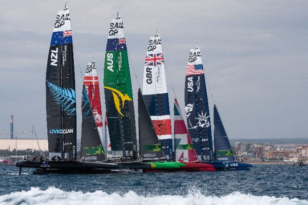Taranto, Italy JUNE 06 2021: Fleet race in the "Mar Grande di Taranto" at the SailGP World Sailing Championship, Italy Sail Grand Prix