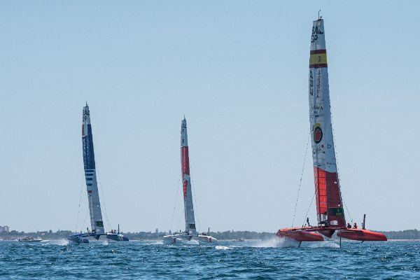 Taranto, Italy JUNE 06 2021: Fleet race in the "Mar Grande di Taranto" at the SailGP World Sailing Championship, Italy Sail Grand Prix