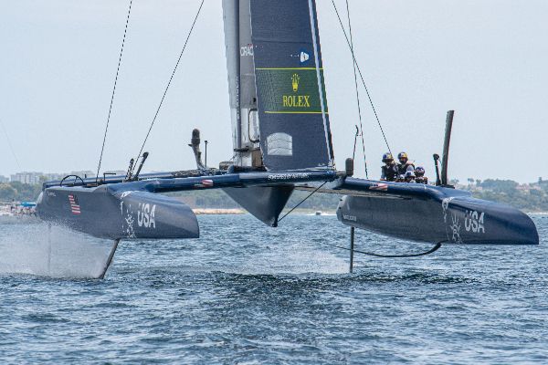Taranto, Italy JUNE 06 2021: Fleet race in the "Mar Grande di Taranto" at the SailGP World Sailing Championship, Italy Sail Grand Prix