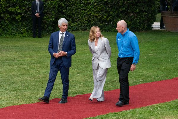 Rome, Italy MAY 26 2025: Andrea Abodi, Italian Sport Minister, Giorgia Meloni PM of Italy and Grant Dalton, CEO of the America’s Cup at the press event for the Naples 38th America’s Cup