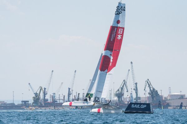 Taranto, Italy JUNE 06 2021: Fleet race in the "Mar Grande di Taranto" at the SailGP World Sailing Championship, Italy Sail Grand Prix