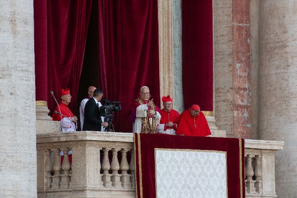 Newly elected Pope Leo XIV, Leone 14esimo, Robert Francis Prevost appears on St. Peter’s Basilica balcony after the Conclave vote