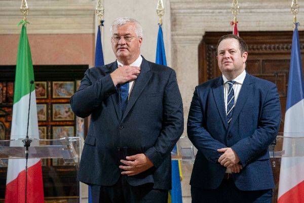 Andrij Sybiha, Foreign Affairs Minister of Ukraine; Stephen Doughty, Minister of State of the United Kingdom for Europe and North America at the “Weimar Plus" Ministerial meeting hosted by the Italian Government at Villa Madama.