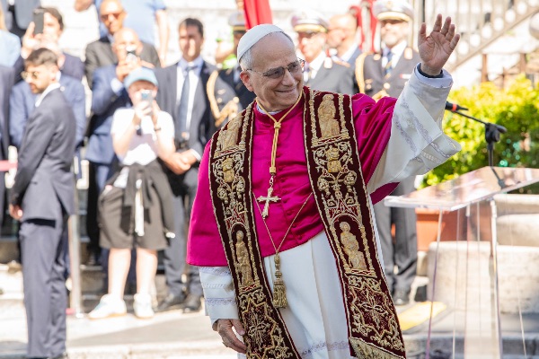 Rome, Italy MAY 25 2025: Pope Leo XIV, Robert Francis Prevost at the meeting with the Mayor of Rome at the base of the stairs to the Campidoglio City Hall.