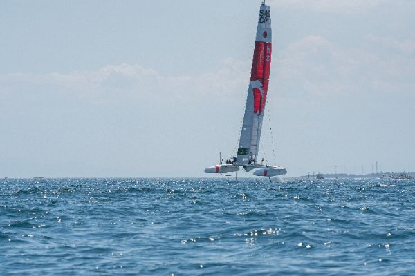 Taranto, Italy JUNE 06 2021: Fleet race in the "Mar Grande di Taranto" at the SailGP World Sailing Championship, Italy Sail Grand Prix