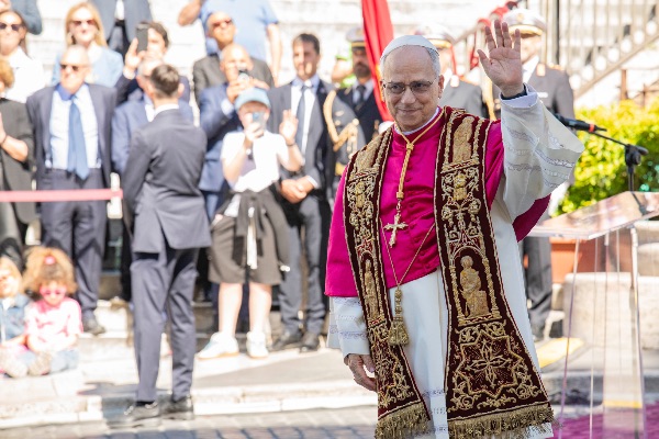 Rome, Italy MAY 25 2025: Pope Leo XIV, Robert Francis Prevost at the meeting with the Mayor of Rome at the base of the stairs to the Campidoglio City Hall.