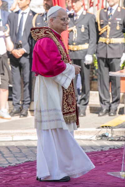 Rome, Italy MAY 25 2025: Pope Leo XIV, Robert Francis Prevost at the meeting with the Mayor of Rome at the base of the stairs to the Campidoglio City Hall.