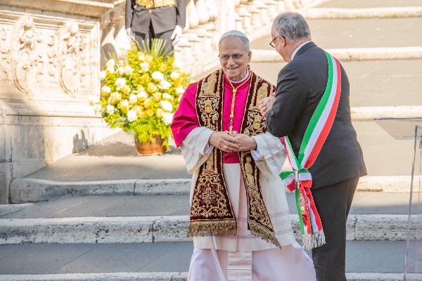 Rome, Italy MAY 25 2025: Pope Leo XIV, Robert Francis Prevost meets the Mayor of Rome Roberto Gualtieri to bless him and the city at the base of the stairs to the Campidoglio City Hall.