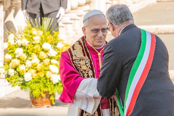 Rome, Italy MAY 25 2025: Pope Leo XIV, Robert Francis Prevost meets the Mayor of Rome Roberto Gualtieri to bless him and the city at the base of the stairs to the Campidoglio City Hall.