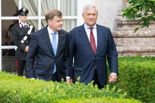 Johann Wadephul, Foreign Affairs Minister of Germany and Antonio Tajani, Foreign Affairs Minister of Italy at the “Weimar Plus" Ministerial meeting hosted by the Italian Government at Villa Madama.