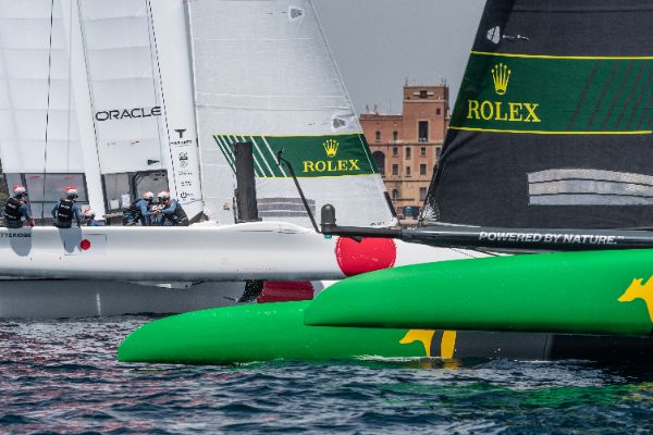 Taranto, Italy JUNE 06 2021: Fleet race in the "Mar Grande di Taranto" at the SailGP World Sailing Championship, Italy Sail Grand Prix