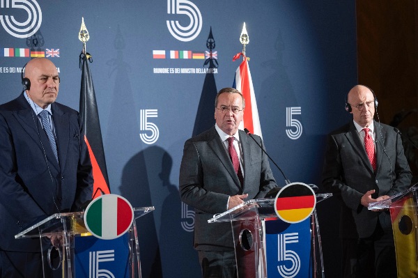 Italian Minister of Defence Guido Crosetto, German Minister of Defence Boris Pistorius and British Defence Secretary John Healey