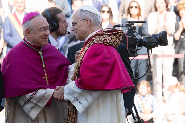 Rome, Italy MAY 25 2025: Pope Leo XIV, Robert Francis Prevost at the meeting with the Mayor of Rome at the base of the stairs to the Campidoglio City Hall.