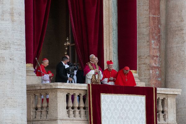Newly elected Pope Leo XIV, Leone 14esimo, Robert Francis Prevost appears on St. Peter’s Basilica balcony after the Conclave vote
