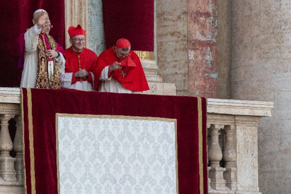 Newly elected Pope Leo XIV, Leone 14esimo, Robert Francis Prevost appears on St. Peter’s Basilica balcony after the Conclave vote