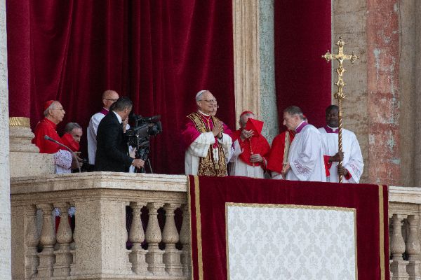 Newly elected Pope Leo XIV, Leone 14esimo, Robert Francis Prevost appears on St. Peter’s Basilica balcony after the Conclave vote