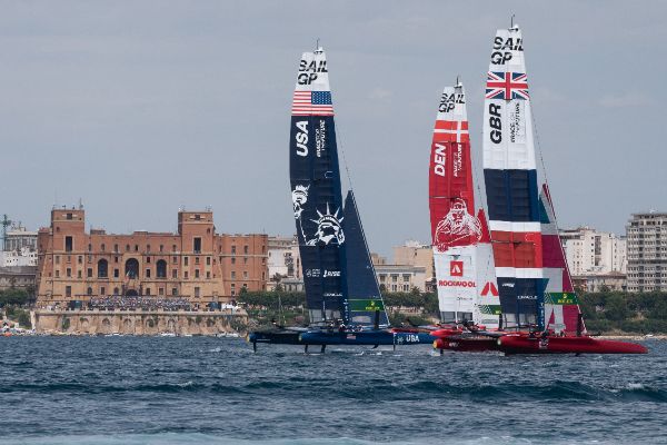 Taranto, Italy JUNE 06 2021: Fleet race in the "Mar Grande di Taranto" at the SailGP World Sailing Championship, Italy Sail Grand Prix