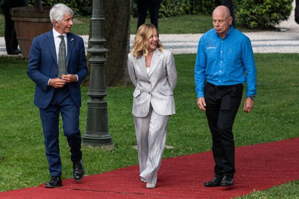Rome, Italy MAY 26 2025: Andrea Abodi, Italian Sport Minister, Giorgia Meloni PM of Italy and Grant Dalton, CEO of the America’s Cup at the press event for the Naples 38th America’s Cup